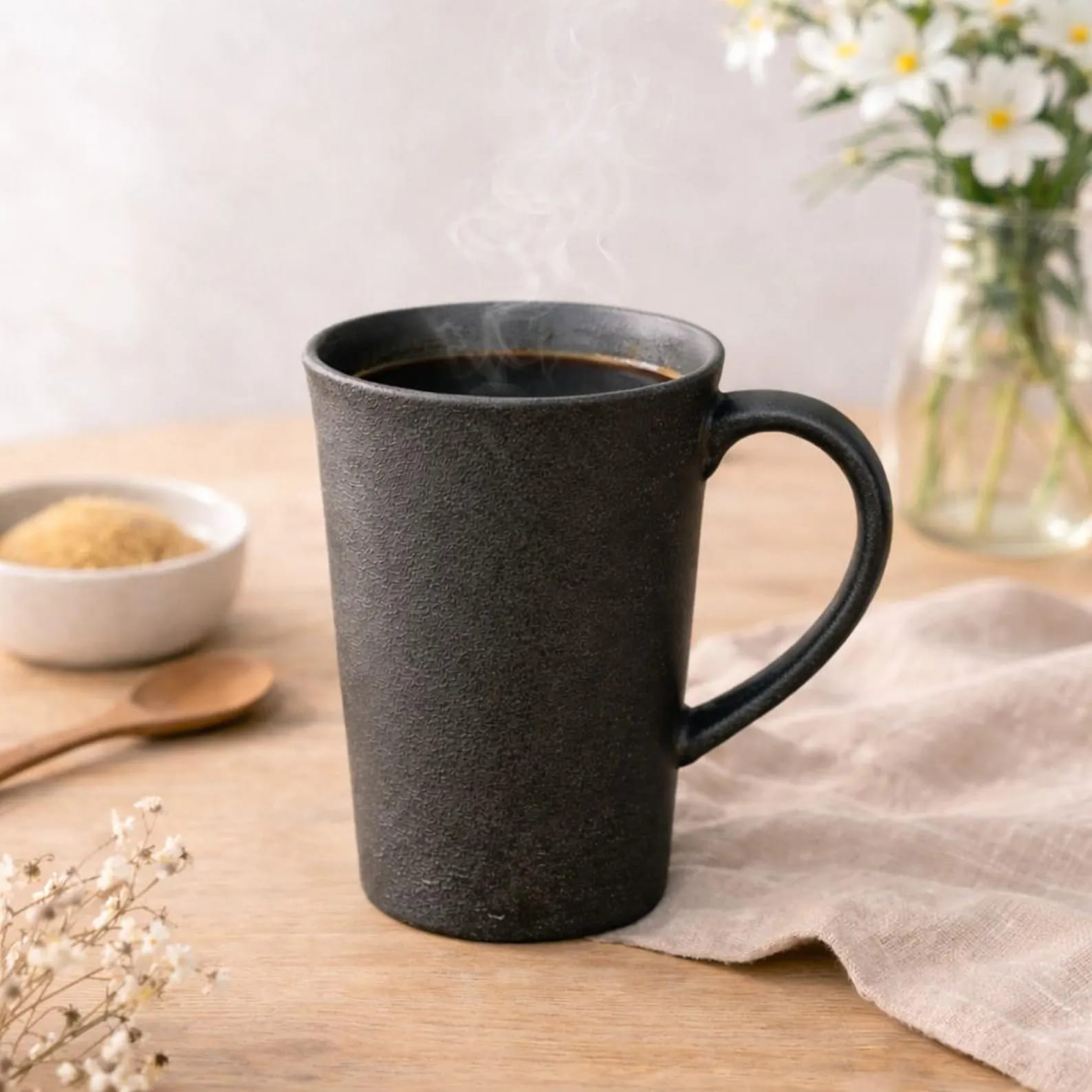 Black ceramic cup held in two hands with coffee